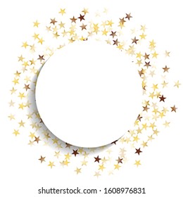 Round Frame of Big Star Confetti. Wreath with Empty White Form. Golden Christmas Pattern. Trendy Decoration for Holiday Wallpaper Invitation Cover. Isolated Christmas Pattern. Vector.