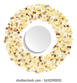 Round Frame of Big Star Confetti. Wreath with Empty White Form. Golden Christmas Background.  