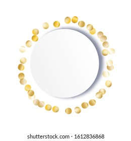 Round Frame of Big Star Confetti. Wreath with Empty White Form. Golden Party Pattern. colorful Decoration for Holiday Print Banner Card. Isolated Party Pattern. Vector.