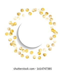 Round Frame of Big Star Confetti. Wreath with Empty White Form. Golden Christmas Background. Festive Decoration for Holiday Print Banner Invitation. Isolated Christmas Background. Vector.