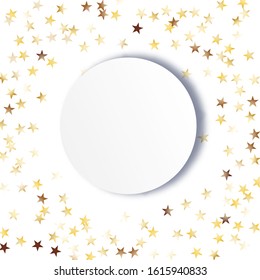 Round Frame of Big Star Confetti. Wreath with Empty White Form. Golden Party Pattern. Festive Decoration for Holiday Poster Banner Card. Isolated Party Pattern. Vector.