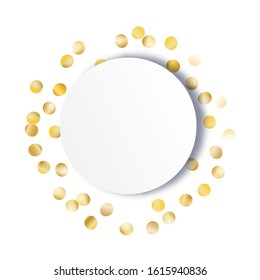 Round Frame of Big Star Confetti. Wreath with Empty White Form. Golden New Year Background. Festive Decoration for Holiday Banner Card Poster. Isolated NewYear Background. Vector.