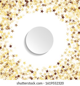 Round Frame of Big Star Confetti. Wreath with Empty White Form. Golden New Year Pattern. Trendy Decoration for Holiday Card Poster Wallpaper. Isolated New Year Pattern. Vector.
