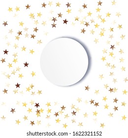 Round Frame of Big Star Confetti. Wreath with Empty White Form. Golden Christmas Pattern. Festive Decoration for Holiday Invitation Poster Print. Isolated Christmas Pattern. Vector.