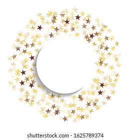 Round Frame of Big Star Confetti. Wreath with Empty White Form. Golden New Year Background. Festive Decoration for Holiday Invitation Cover Banner. Isolated NewYear Background. Vector.