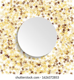 Round Frame of Big Star Confetti. Wreath with Empty White Form. Golden Christmas Pattern. Trendy Decoration for Holiday Wallpaper Poster Print. Isolated Christmas Pattern. Vector.