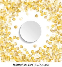 Round Frame of Big Star Confetti. Wreath with Empty White Form. Golden Party Background. Festive Decoration for Holiday Print Poster Cover. Isolated Party Background. Vector.