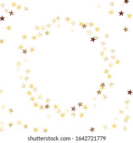 Round Frame of Big Star Confetti. Wreath. Golden New Year Pattern. Bright Decoration for Holiday Poster Card Banner. Realistic Glitter. Isolated New Year Pattern. Vector.