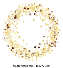 Round Frame of Big Star Confetti. Wreath. Golden Christmas Pattern. Bright Decoration for Holiday Card Cover Wallpaper. Realistic Glitter. Isolated Christmas Pattern. Vector.