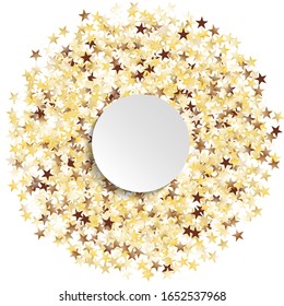 Marco redondo de Gran Estrella Confetti. Vela con forma blanca vacía. Patrón de Navidad dorado. decoración colorida para la cubierta de papel tapiz de la bandera de vacaciones. Patrón de Navidad aislado. Vector.