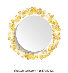 Round Frame of Big Star Confetti. Wreath with Empty White Form. Golden Party Background. Festive Decoration for Holiday Banner Wallpaper Card. Isolated Party Background. Vector.