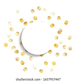 Marco redondo de Gran Estrella Confetti. Vela con forma blanca vacía. Antecedentes del Partido Dorado. Decoración festiva para fondos de escritorio de la invitación de impresión de vacaciones. Antecedentes del Partido Aislado. Vector.