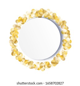 Round Frame of Big Star Confetti. Wreath with Empty White Form. Golden Party Background. Festive Decoration for Holiday Cover Card Wallpaper. Isolated Party Background. Vector.