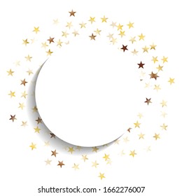 Round Frame of Big Star Confetti. Wreath with Empty White Form. Golden Party Background. Trendy Decoration for Holiday Print Cover Wallpaper. Isolated Party Background. Vector.