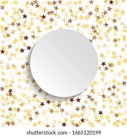 Round Frame of Big Star Confetti. Wreath with Empty White Form. Golden Christmas Pattern. colorful Decoration for Holiday Banner Wallpaper Card. Isolated Christmas Pattern. Vector.