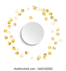Round Frame of Big Star Confetti. Wreath with Empty White Form. Golden Party Pattern. colorful Decoration for Holiday Card Banner Invitation. Isolated Party Pattern. Vector.