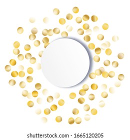 Round Frame of Big Star Confetti. Wreath with Empty White Form. Golden Christmas Pattern. Bright Decoration for Holiday Banner Invitation Poster. Isolated Christmas Pattern. Vector.