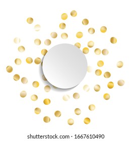 Round Frame of Big Star Confetti. Wreath with Empty White Form. Golden Christmas Background. Bright Decoration for Holiday Poster Wallpaper Card. Isolated Christmas Background. Vector.