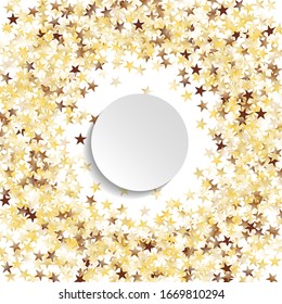Round Frame of Big Star Confetti. Wreath with Empty White Form. Golden Party Background. Festive Decoration for Holiday Card Cover Wallpaper. Isolated Party Background. Vector.