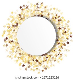 Round Frame of Big Star Confetti. Wreath with Empty White Form. Golden New Year Background. Bright Decoration for Holiday Wallpaper Print Invitation. Isolated NewYear Background. Vector.