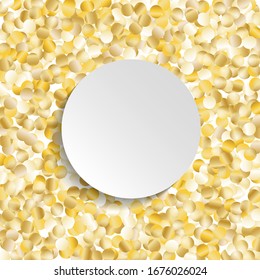 Round Frame of Big Star Confetti. Wreath with Empty White Form. Golden Christmas Background. Bright Decoration for Holiday Wallpaper Cover Banner. Isolated Christmas Background. Vector.