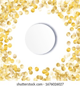 Round Frame of Big Star Confetti. Wreath with Empty White Form. Golden Party Background. Bright Decoration for Holiday Banner Print Wallpaper. Isolated Party Background. Vector.