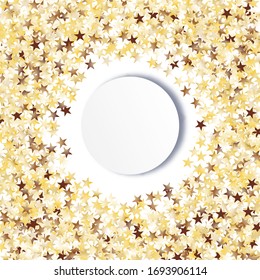 Round Frame of Big Star Confetti. Wreath with Empty White Form. Golden New Year Pattern. Bright Decoration for Holiday Poster Print Banner. Isolated New Year Pattern. Vector.