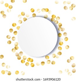 Cadre rond de Big Star Confetti. Wreath avec un blanc vide. Arrière-Plan Parti Doré. Fond d'écran de l'affiche de la carte de voeux Trendy Decoration for Holiday Card. Arrière-Plan Fête Isolé. Image vectorielle.