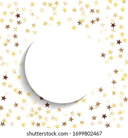 Round Frame of Big Star Confetti. Wreath with Empty White Form. Golden Christmas Pattern. colorful Decoration for Holiday Banner Cover Print. Isolated Christmas Pattern. Vector.