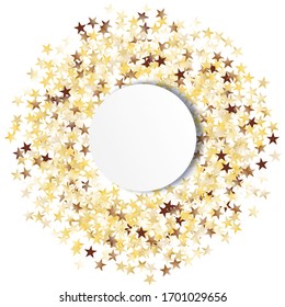 Cadre rond de Big Star Confetti. Wreath avec un blanc vide. Motif De Noël Doré. Décoration lumineuse pour couverture de papier peint sur bannière de Noël. Motif De Noël Isolé. Image vectorielle.