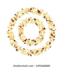 Round Frame of Big Triangle Confetti. Wreath. Golden Party Background. colorful Decoration for Holiday Cover Wallpaper Banner. Realistic Glitter. Isolated Party Background. Vector.
