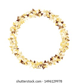 Round Frame of Big Triangle Confetti. Wreath. Golden Christmas Background. Bright Decoration for Holiday Banner Poster Print. Realistic Glitter. Isolated Christmas Background. Vector.