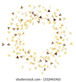 Round Frame of Big Triangle Confetti. Wreath. Golden Party Pattern. Bright Decoration for Holiday Print Banner Cover. Realistic Glitter. Isolated Party Pattern. Vector.