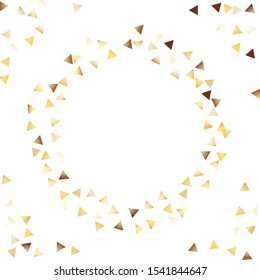 Round Frame of Big Triangle Confetti. Wreath. Golden Party Background. Bright Decoration for Holiday Print Card Banner. Realistic Glitter. Isolated Party Background. Vector.