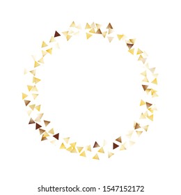 Round Frame of Big Triangle Confetti. Wreath. Golden New Year Background. Bright Decoration for Holiday Poster Banner Print. Realistic Glitter. Isolated NewYear Background. Vector.