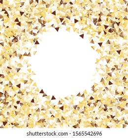 Round Frame of Big Triangle Confetti. Wreath. Golden Christmas Background. colorful Decoration for Holiday Poster Wallpaper Cover. Realistic Glitter. Isolated Christmas Background. Vector.