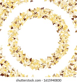 Round Frame of Big Triangle Confetti. Wreath. Golden Christmas Background. colorful Decoration for Holiday Poster Wallpaper Cover. Realistic Glitter. Isolated Christmas Background. Vector.