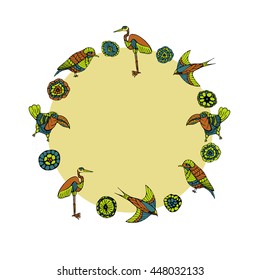 round frame of birds and abstract circles. vector. hand drawing