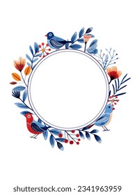 Round frame with birds in ethnic style. Birds and leaves for your design, template. Greeting card, border.