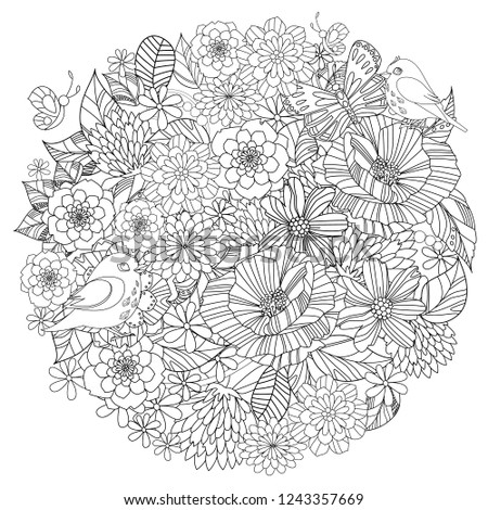 round frame with birds in fancy flowers for your coloring book