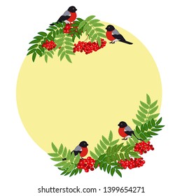 Round frame with birds and rowan. Vector illustration. 