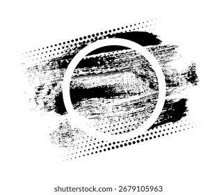 Marco redondo con pinceladas negras y puntos de semitono sobre fondo blanco. Manchas de pintura en bruto combinadas con bordes circulares modernos para Anuncio o póster. Ilustración vectorial Abstractas.