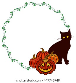 Round frame with black cat and Halloween pumpkins.Original design element for greeting cards, invitations, prints. Vector clip art.