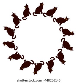 Round frame with black cat silhouette. Custom design element for greeting cards, invitations, prints. Vector clip art.