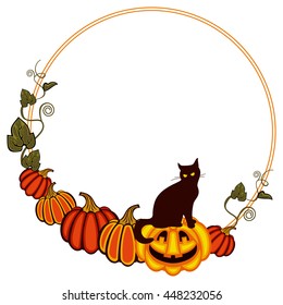 Round frame with a black cat sitting up on the pumpkin. Original custom design element for greeting cards, invitations, prints.