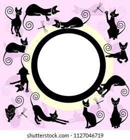 Round frame with black cats. Vector illustration.