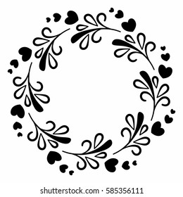 Round frame of black silhouettes of the heart and smooth stylized branches. Simple decor of floral elements in a flat style.
