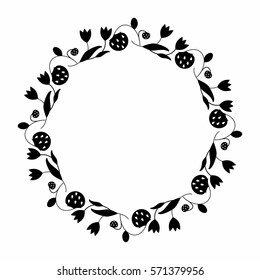 Round frame with black silhouettes of strawberries and flowers. Simple spring decoration of the plant elements in a flat style. Berries and tulips.