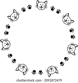 Round frame with black and white cats and cat steps on white background. Vector image. 