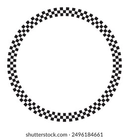 Round frame with black and white checkered print. Circle shape with checkerboard, rally flag or chess game board pattern. Geometric framework in ring form. Vector graphic illistration.